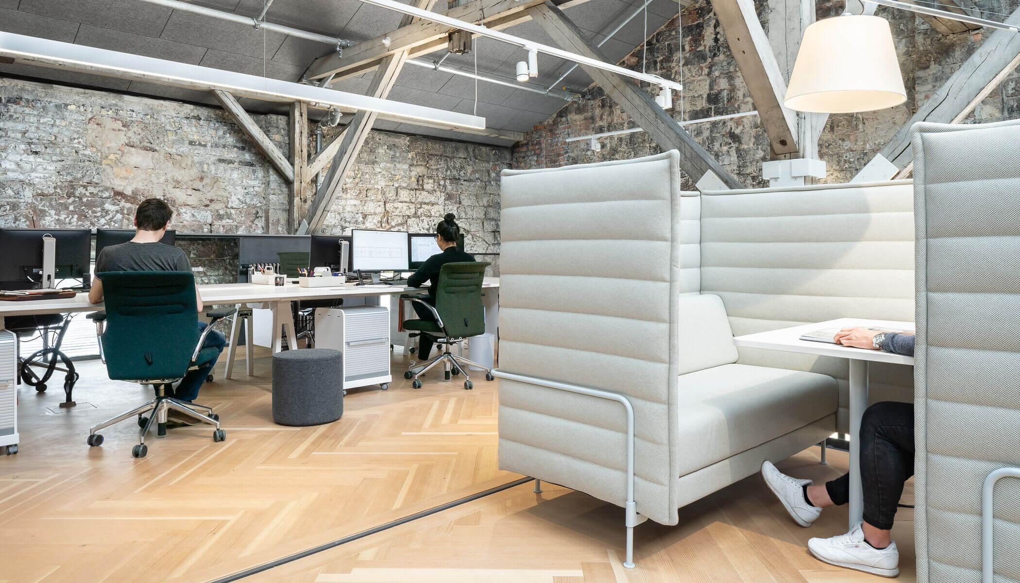 pur natur Kollin Herringbone floorboards made from solid Douglas fir in an Office Space