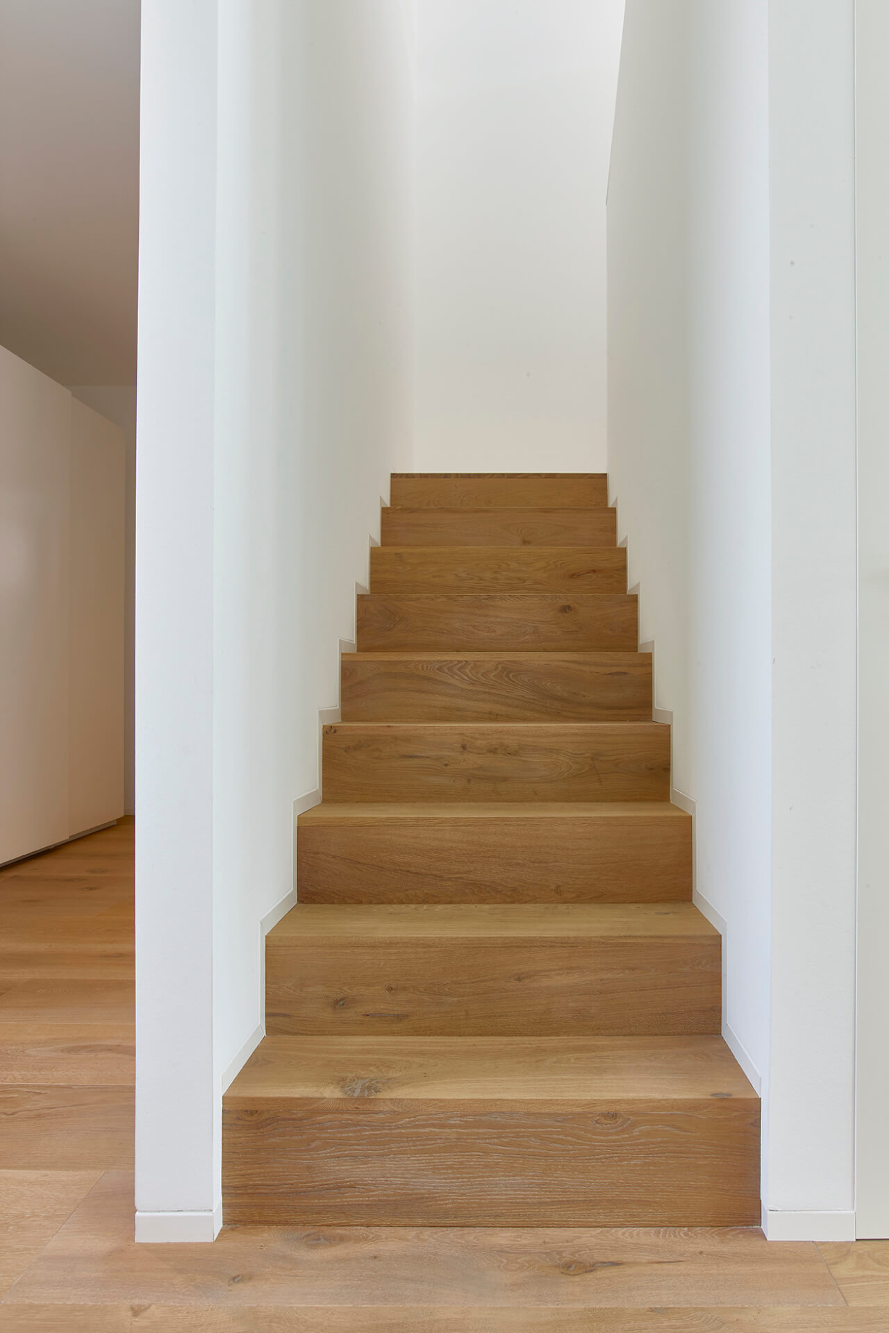Stairs in living room with oak steps and matching floorboards